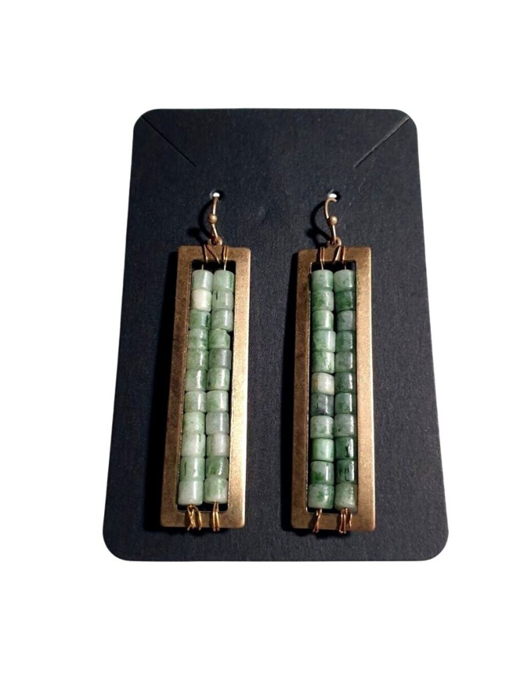 Brass Frame Drop Earrings Natural Green Bead Detail Elegant Handmade Jewelry